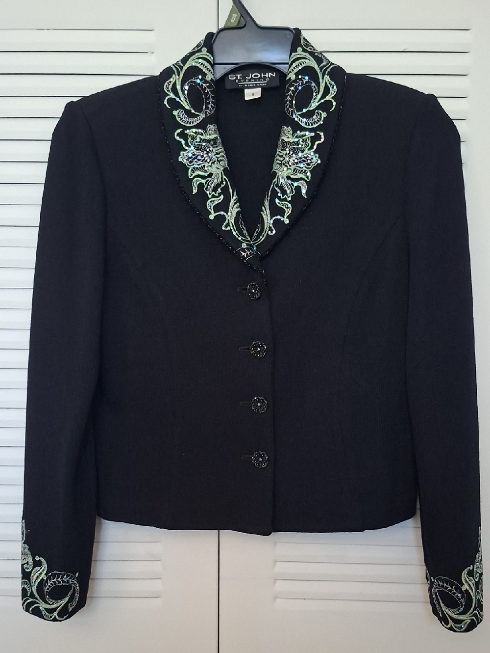 St. John Black Jacket with Green & Silver Embroidered Collar